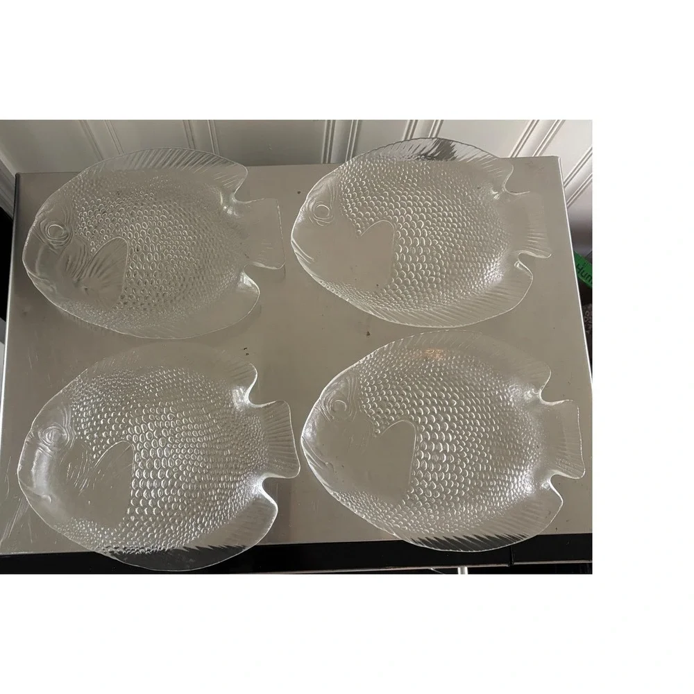 Arcoroc France Clear Glass Fish Plates Set of 8 Coastal Nautical Dinnerware